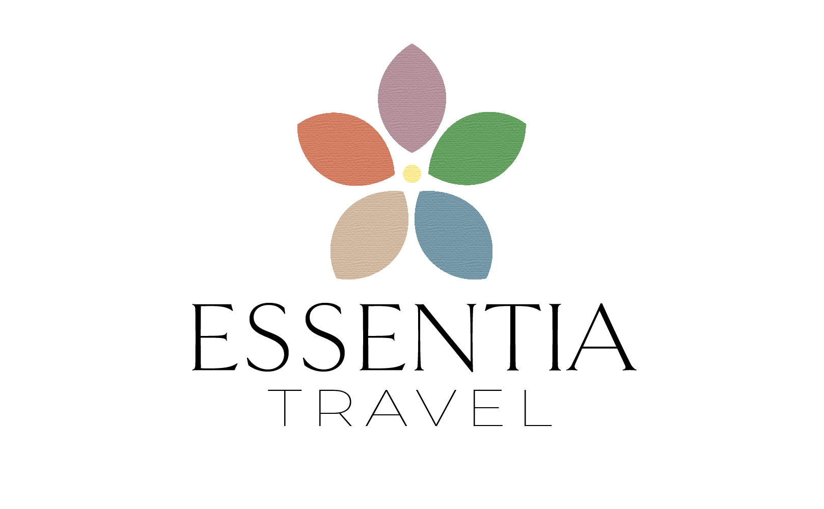 Logo "Essentia Travel" a forma di fiore con cinque petali colorati (viola, verde, azzurro, rosso